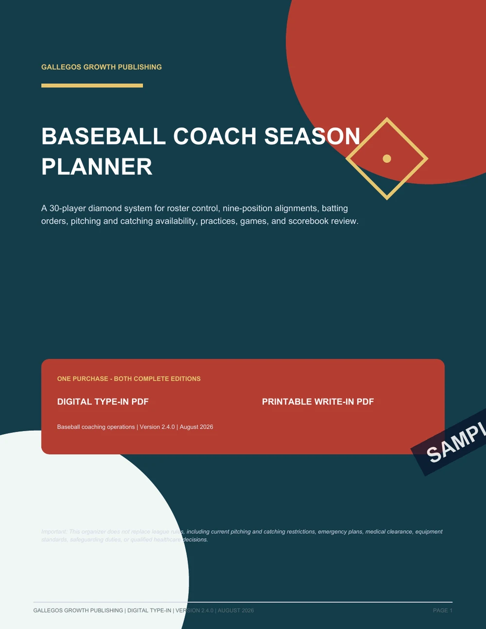 Baseball Coach Season Planner watermarked Premium cover sample