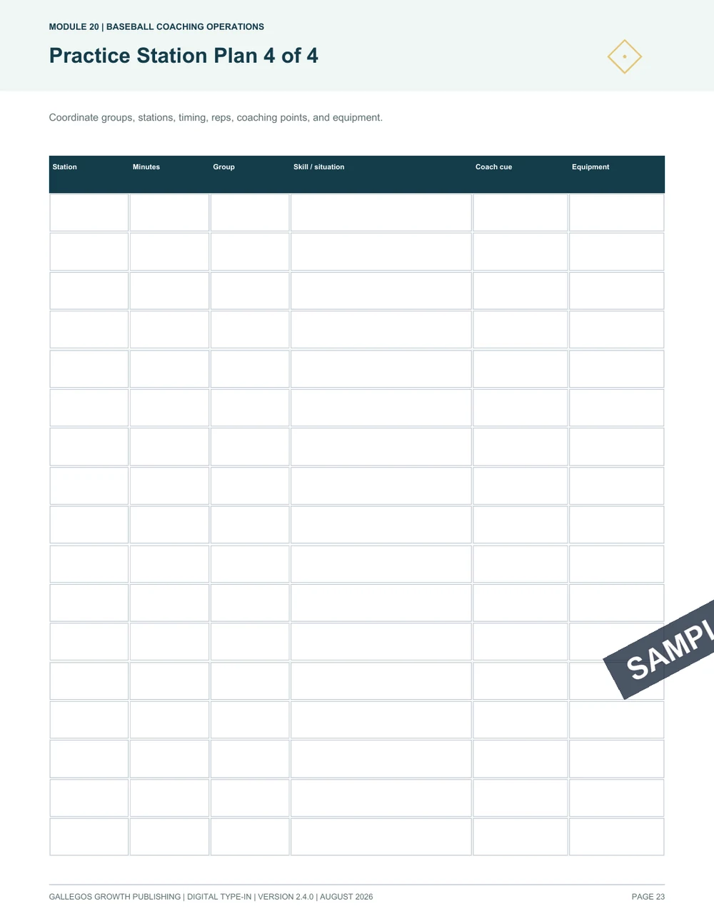 Baseball Coach Season Planner watermarked Pitching and game records sample