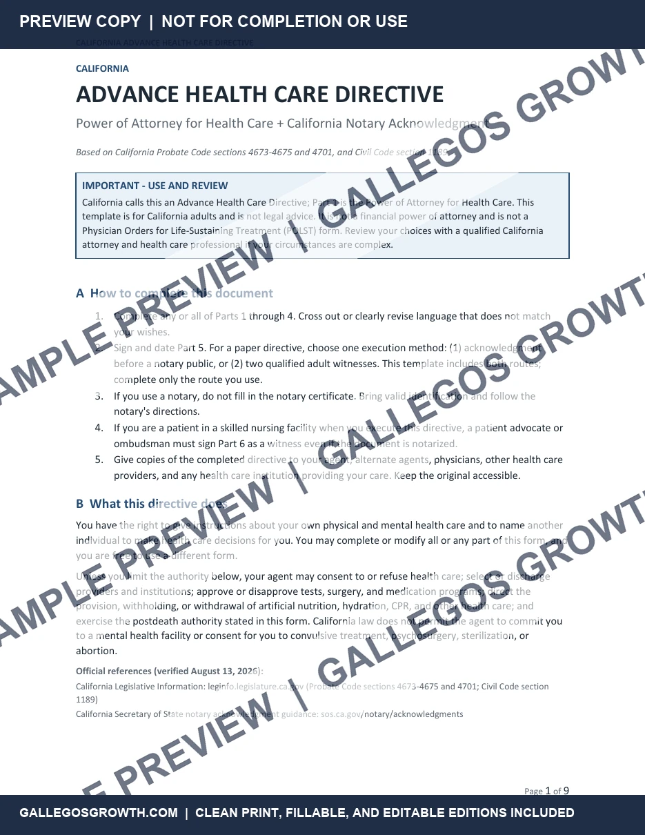 California Advance Health Care Directive watermarked Overview sample