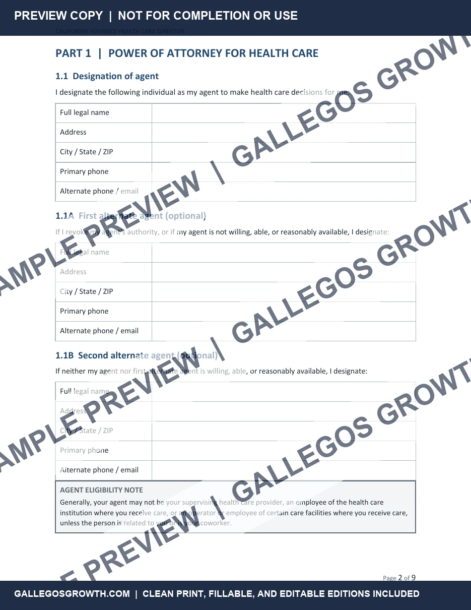 California Advance Health Care Directive watermarked Agent sample