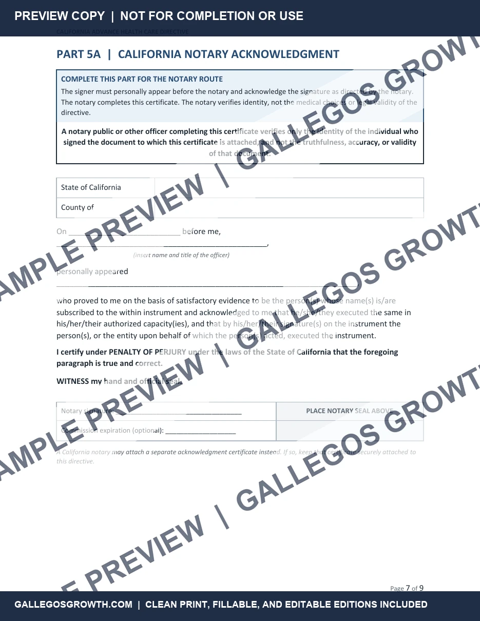 California Advance Health Care Directive watermarked Notary sample