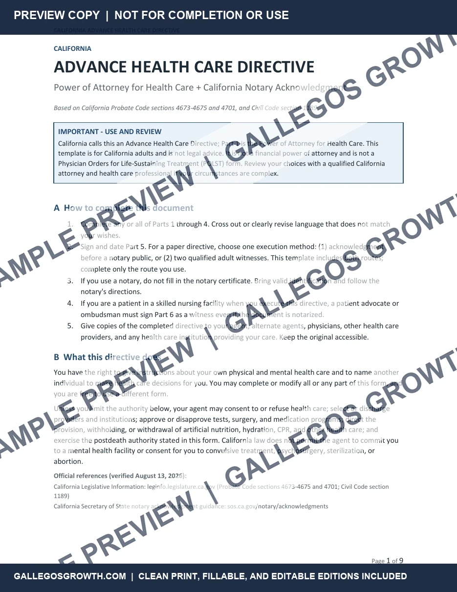 California Personal Planning Starter Set watermarked Directive sample