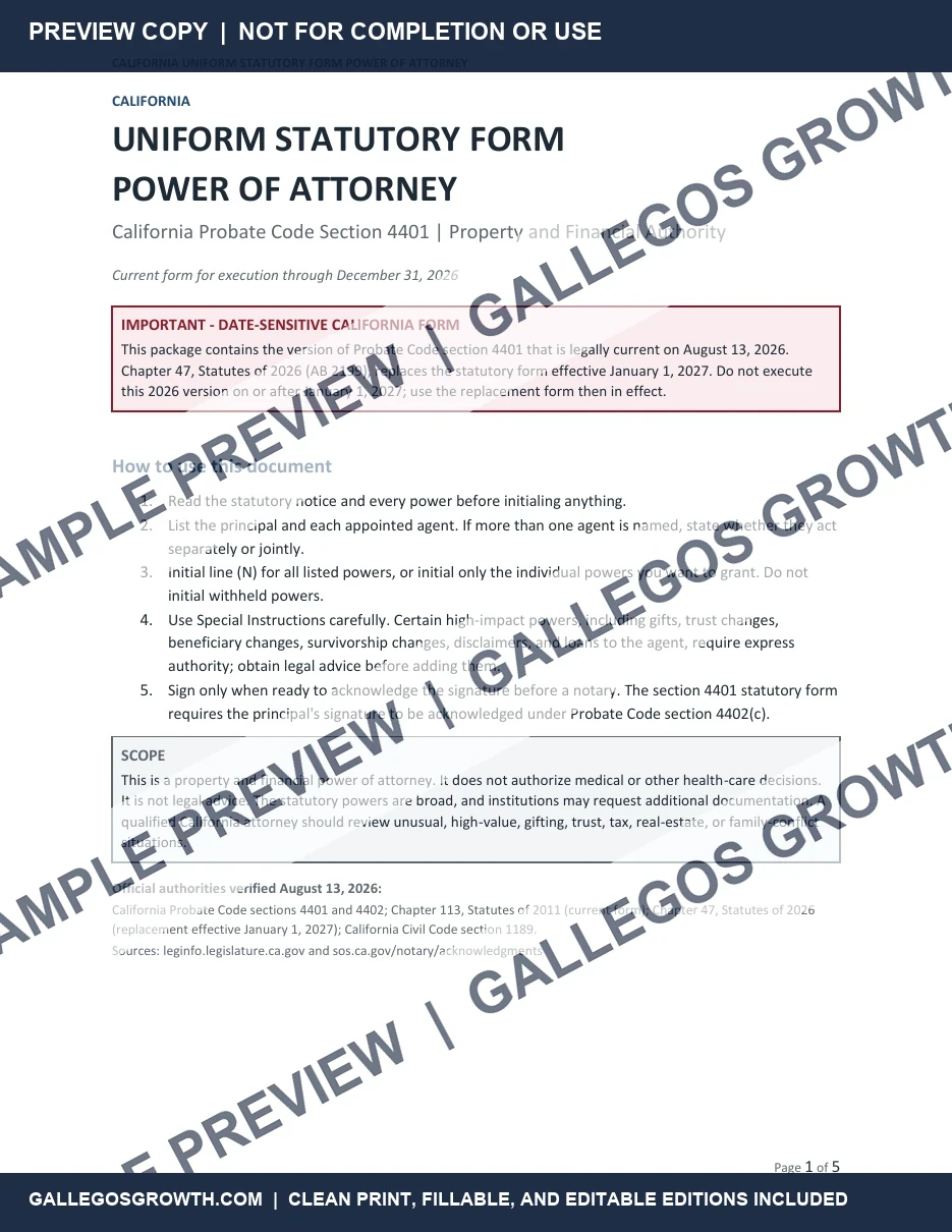 California Personal Planning Starter Set watermarked Power of attorney sample