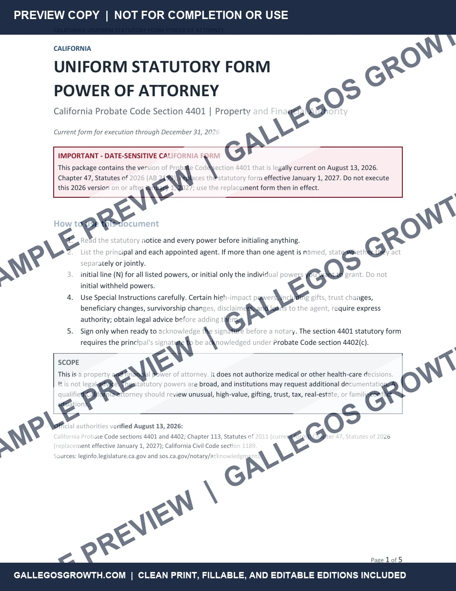 California Power of Attorney · 2026 watermarked Overview sample