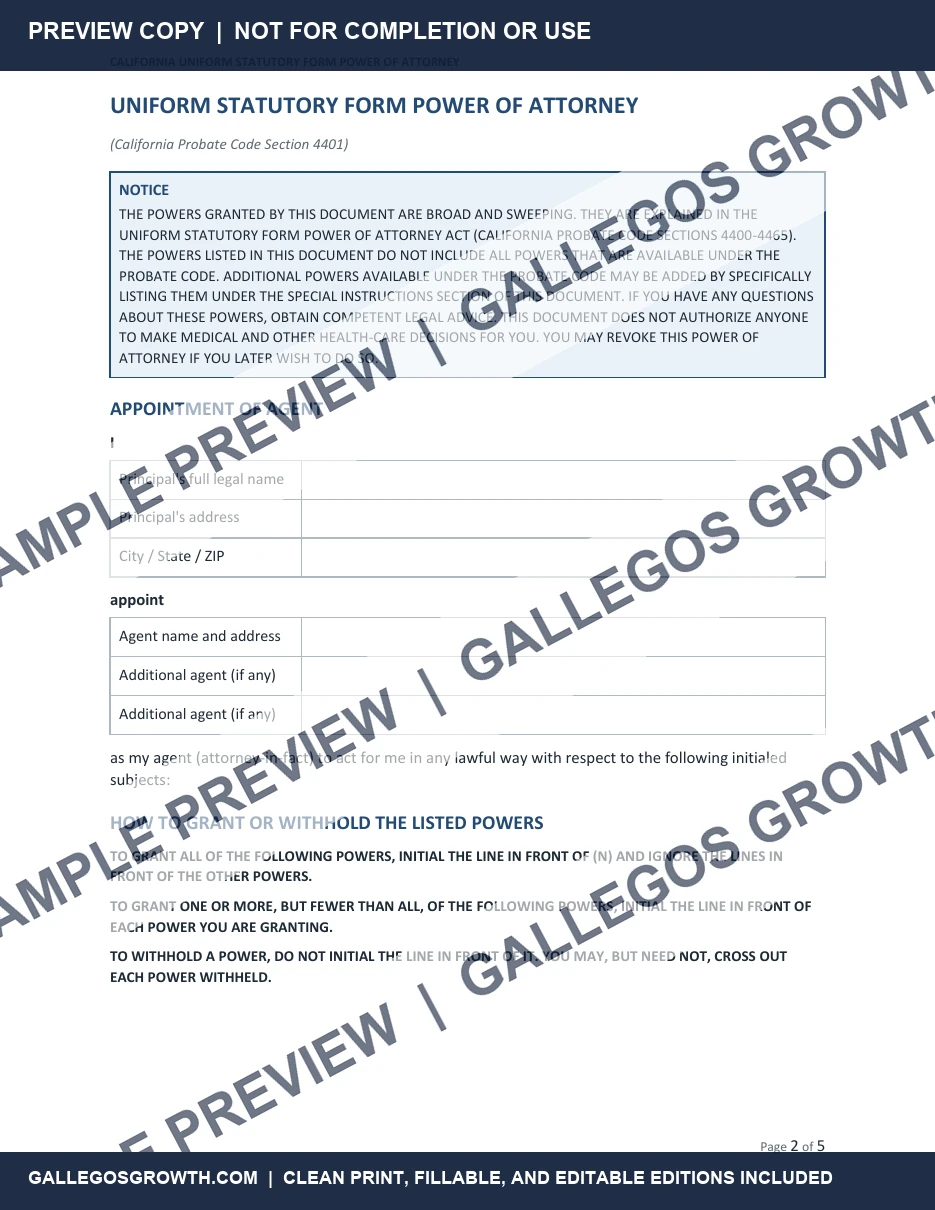 California Power of Attorney · 2026 watermarked Authority sample