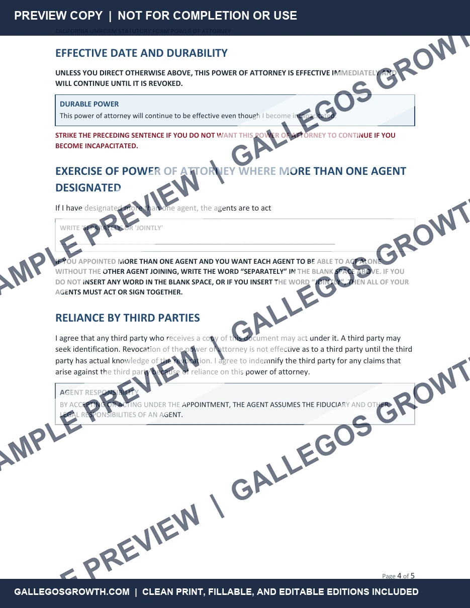 California Power of Attorney · 2026 watermarked Execution sample