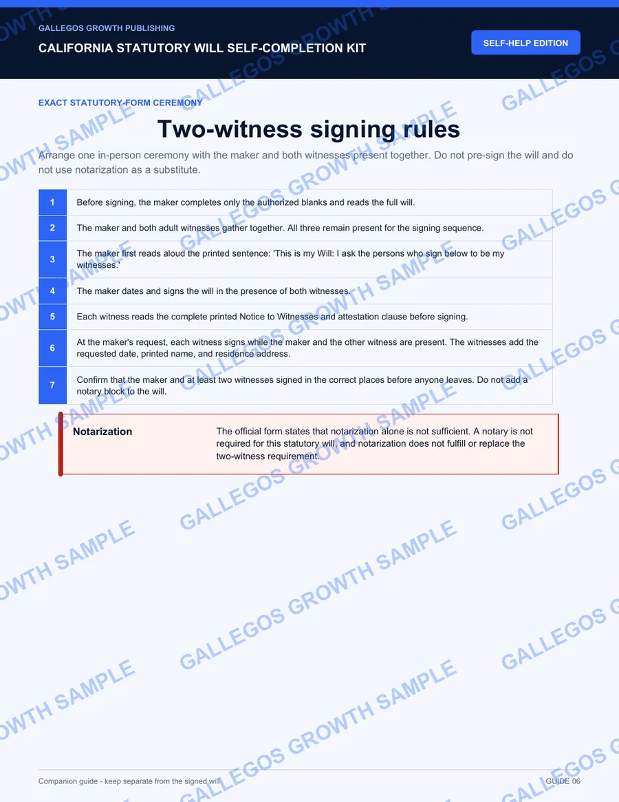 California Statutory Will Self-Completion Kit watermarked Signing rules sample