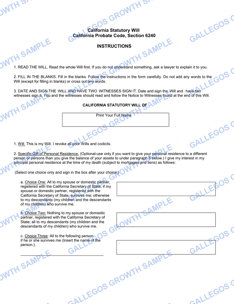 California Statutory Will Self-Completion Kit watermarked Official form sample