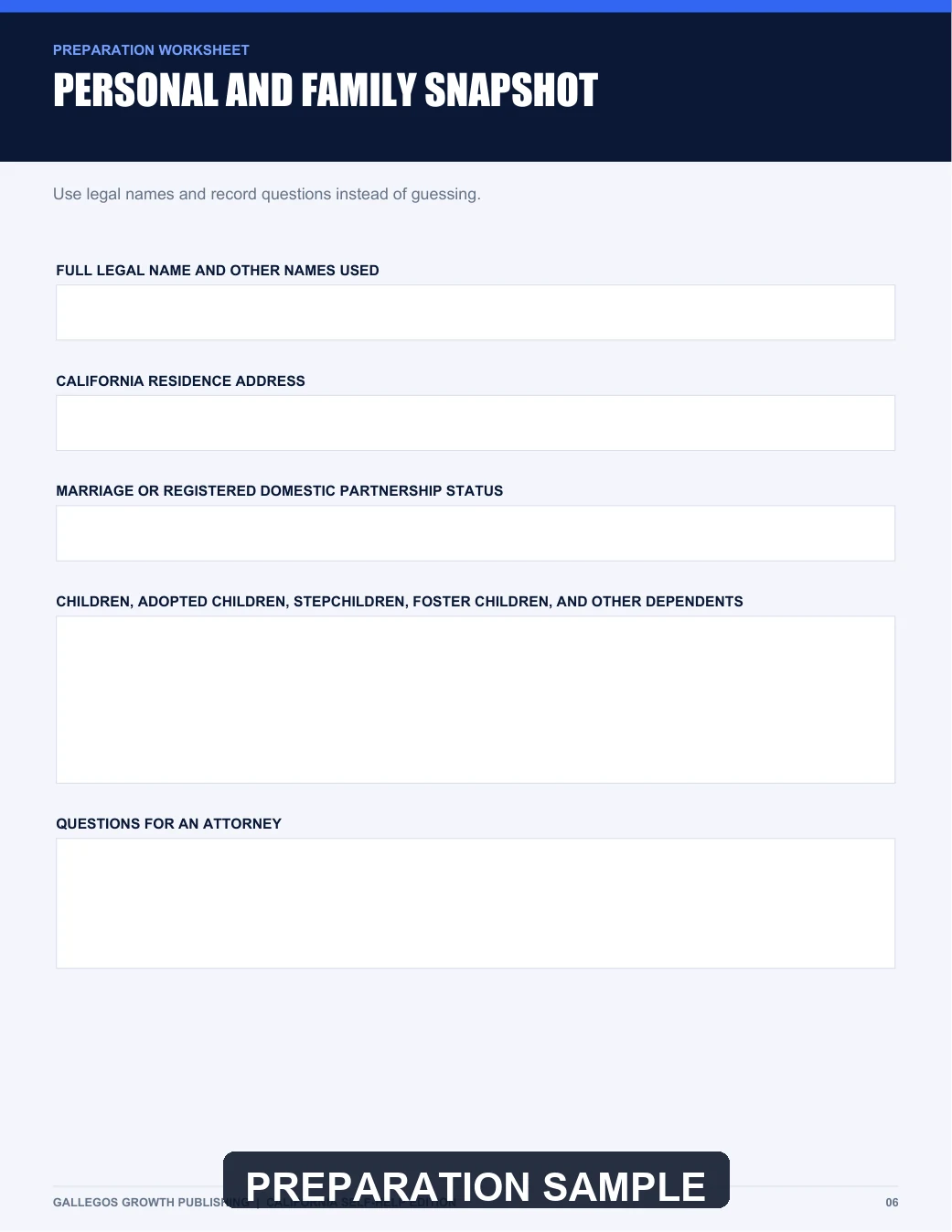 California Will Attorney-Review Preparation Packet watermarked Family information sample