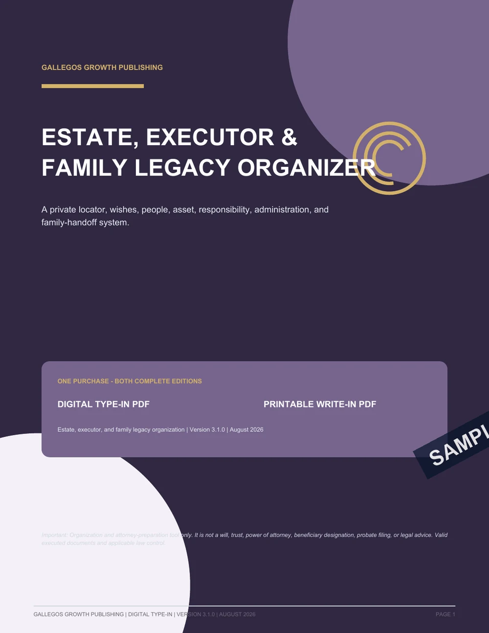 Estate, Executor & Family Legacy Organizer watermarked Legacy cover sample