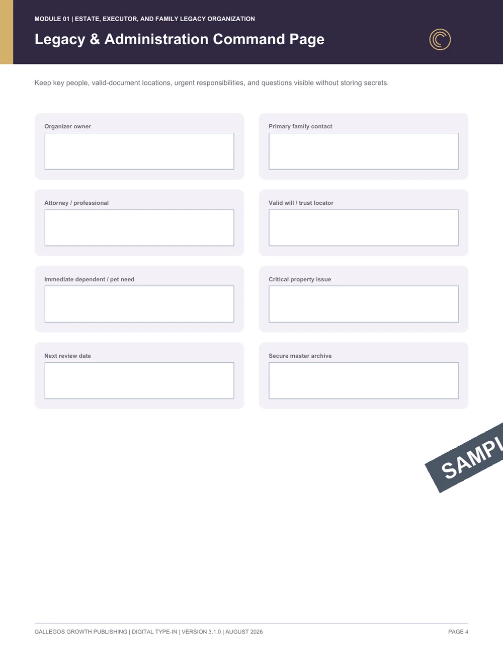 Estate, Executor & Family Legacy Organizer watermarked Administration dashboard sample
