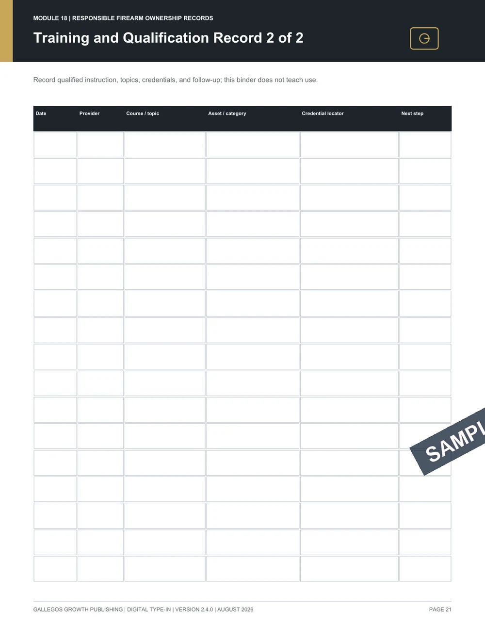 Firearm Ownership & Safety Records Binder watermarked Safety and maintenance records sample