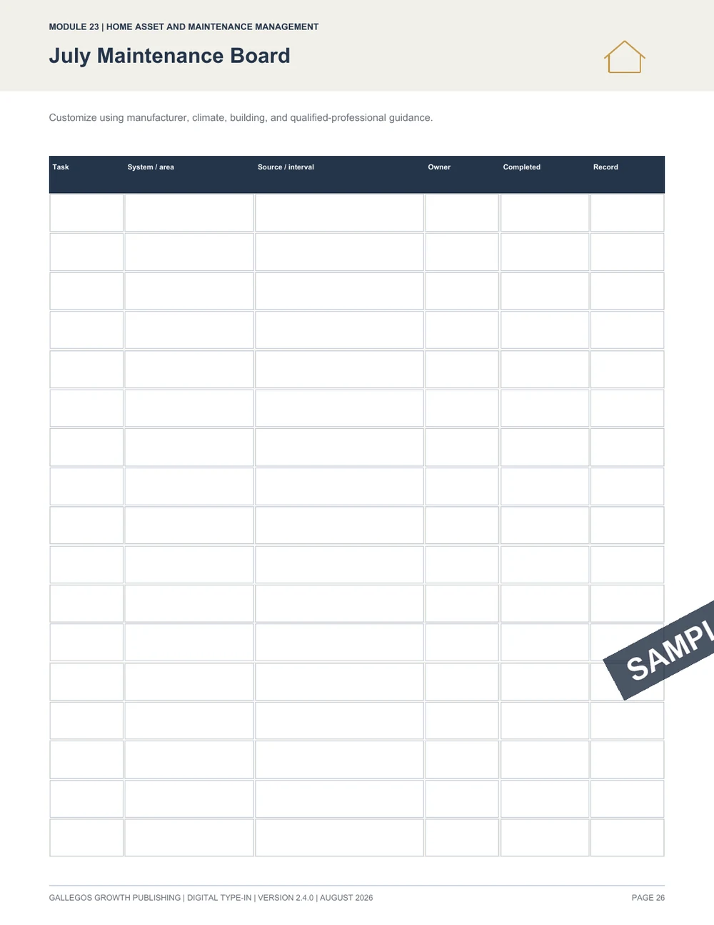 Home Maintenance & Warranty Binder watermarked Maintenance history sample
