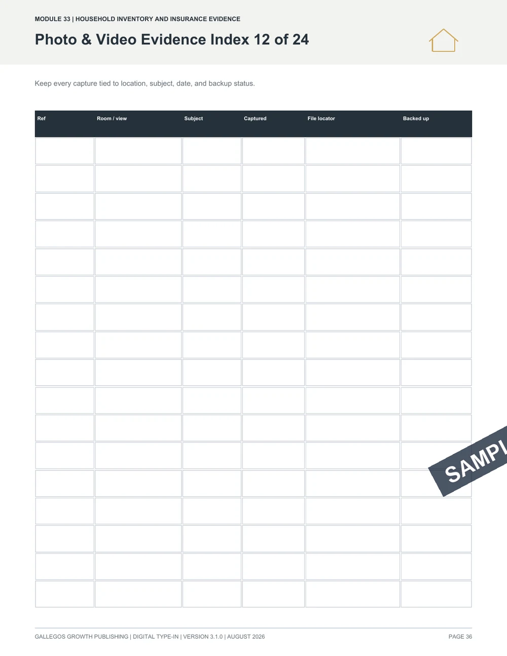 Household Inventory & Insurance Evidence Binder watermarked Claim records sample