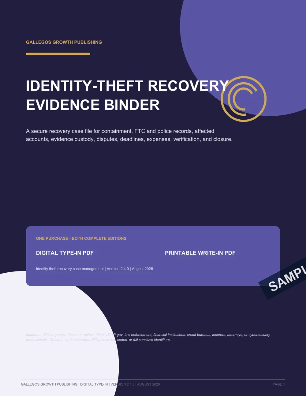 Identity-Theft Recovery Evidence Binder watermarked Premium cover sample