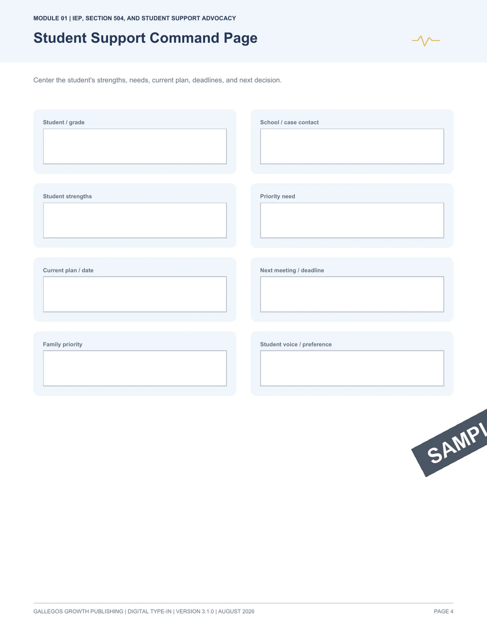 IEP, 504 & Student Support Advocacy Binder watermarked Support dashboard sample