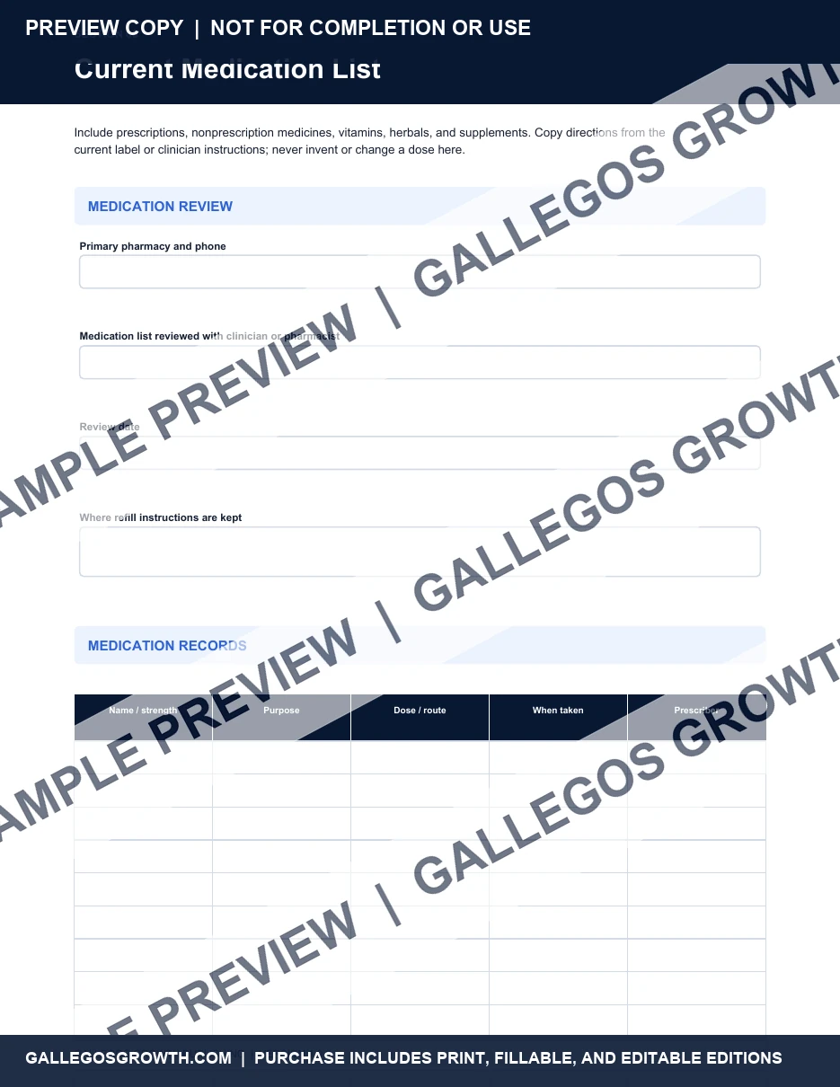 Caregiver & Medical Appointments watermarked Medication list sample