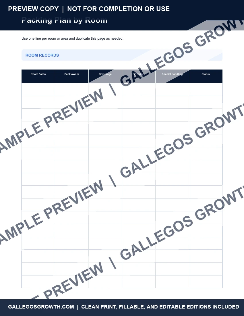 Moving, Home Inventory & Insurance watermarked Packing plan sample
