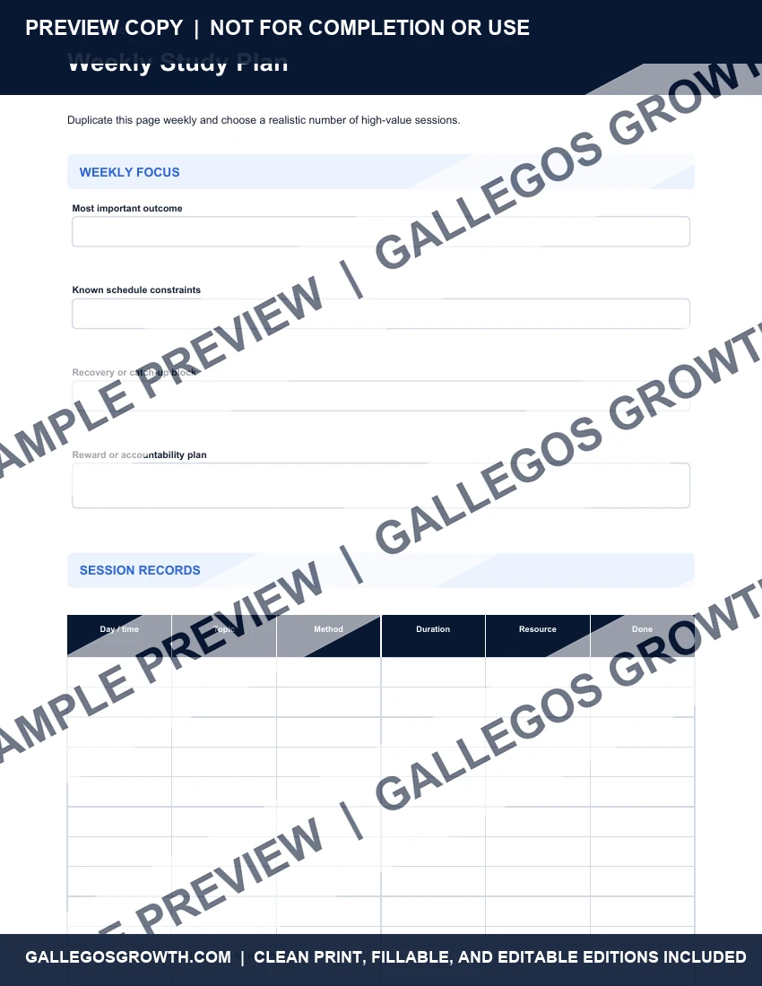 Study System & Exam Planner watermarked Weekly plan sample