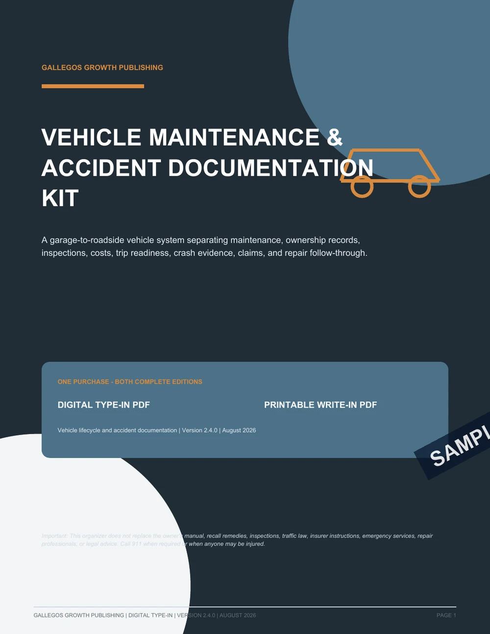 Vehicle Maintenance & Accident Documentation Kit watermarked Premium cover sample