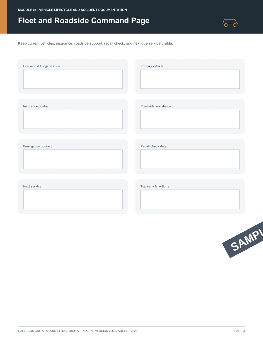 Vehicle Maintenance & Accident Documentation Kit watermarked Fleet dashboard sample